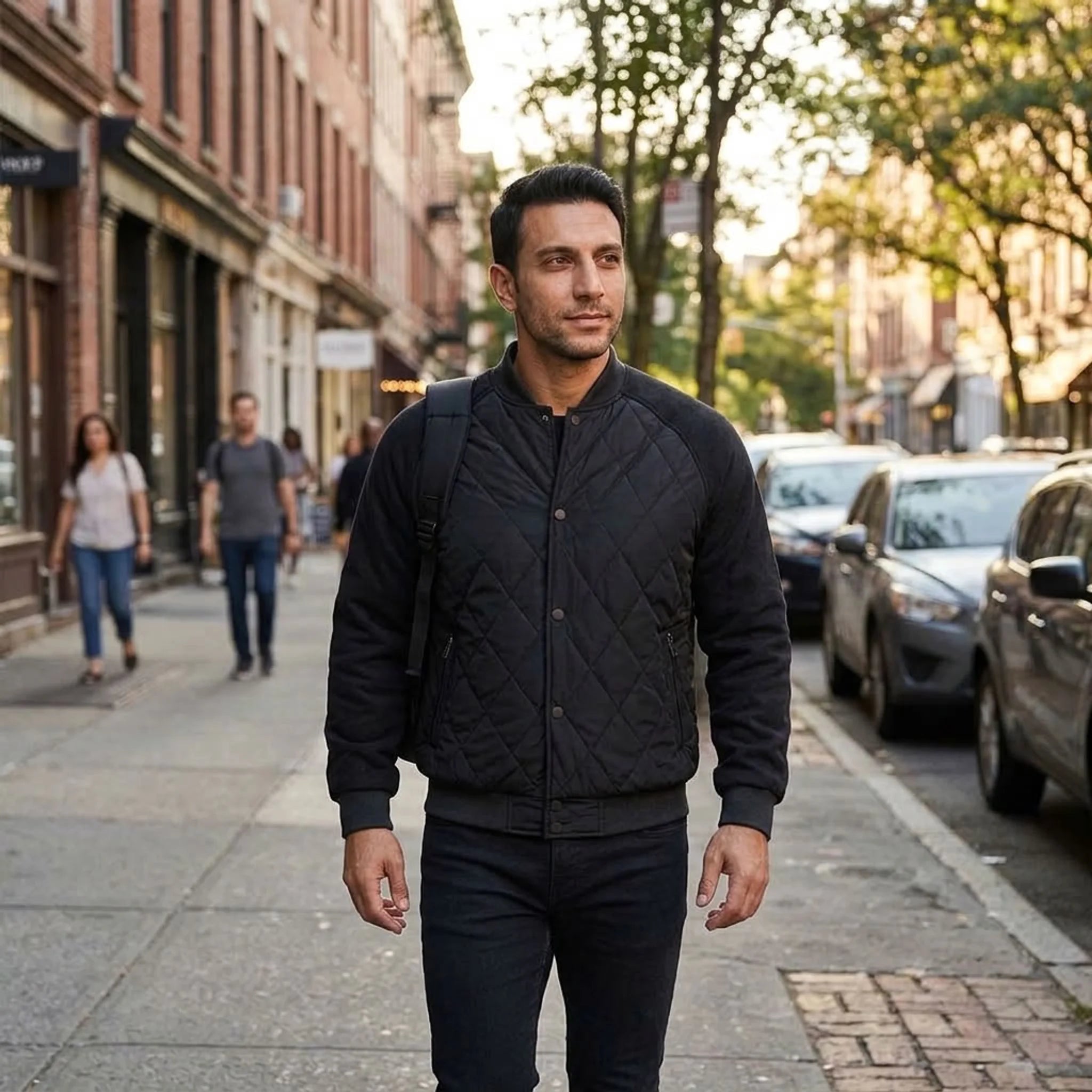 Man walking in a black quilted bomber jacket on a tree-lined street