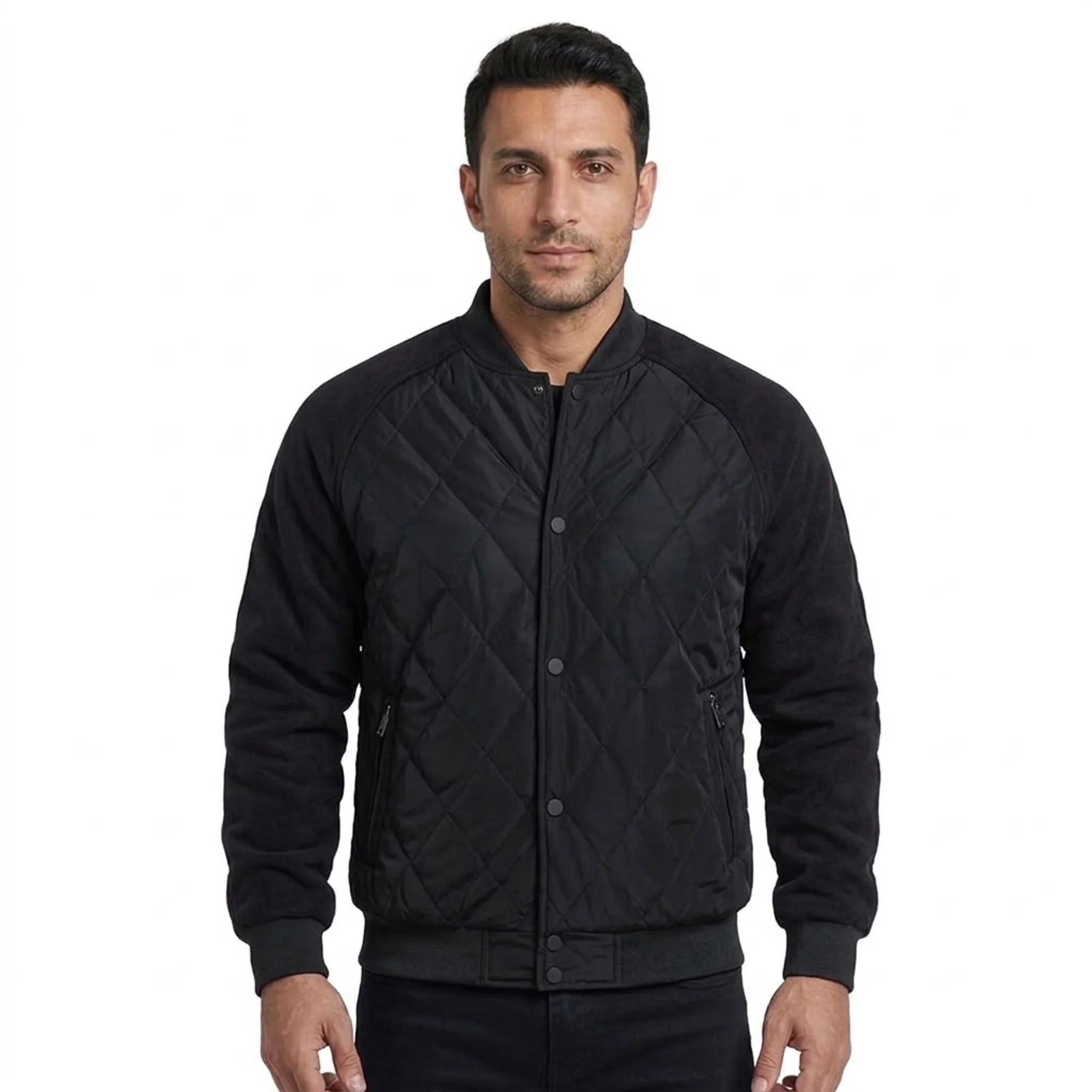 Black quilted bomber jacket on model, front view