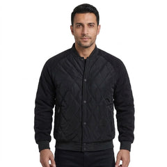 Black quilted bomber jacket on model, front view