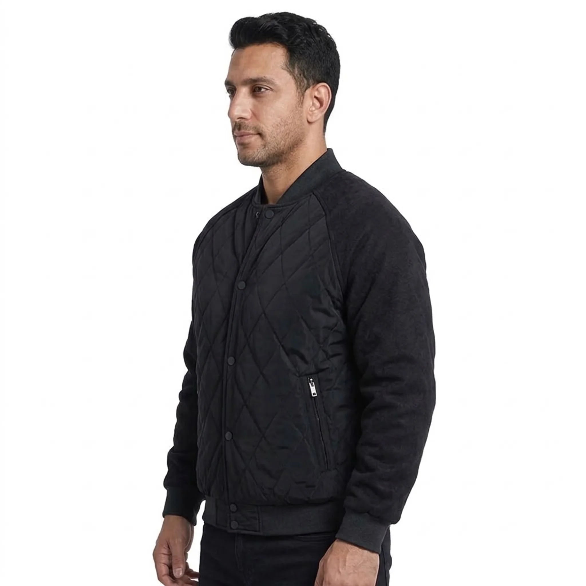 Black quilted bomber jacket on model, side view