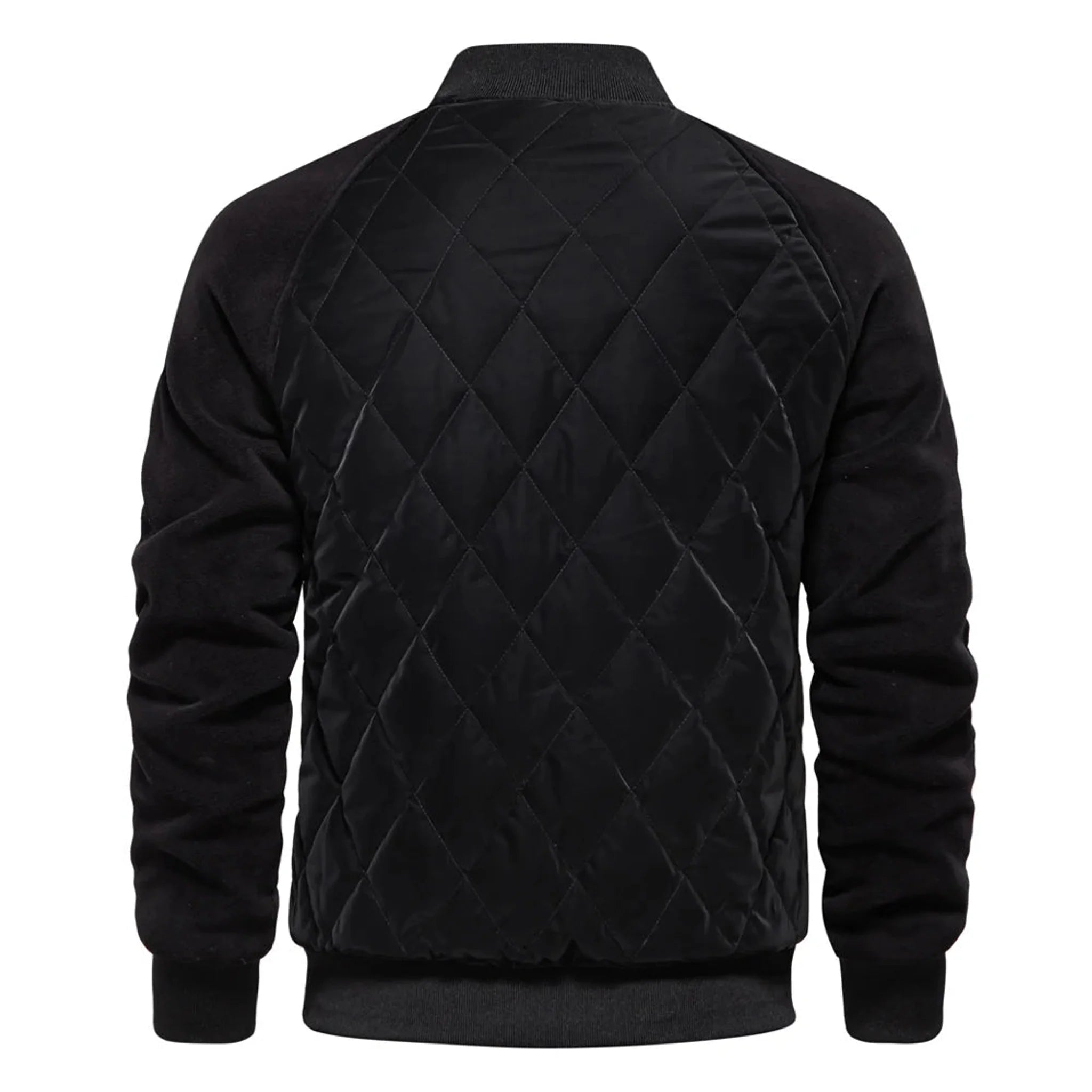 Black quilted bomber jacket, product back view