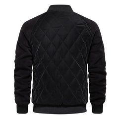 Black quilted bomber jacket, product back view