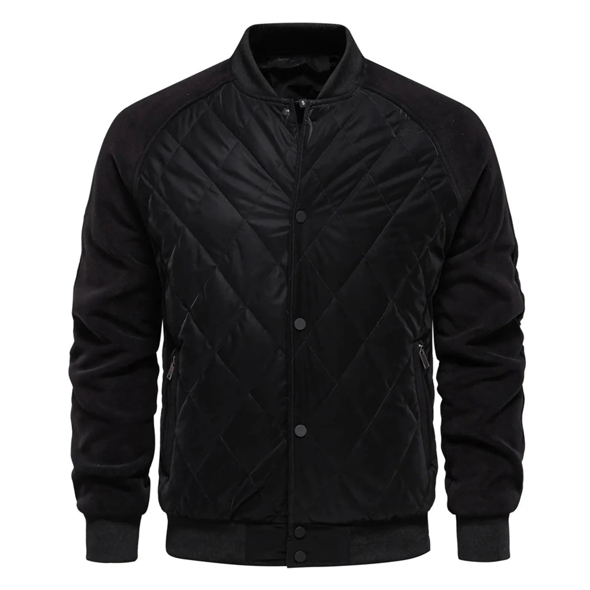 Black quilted bomber jacket, product front