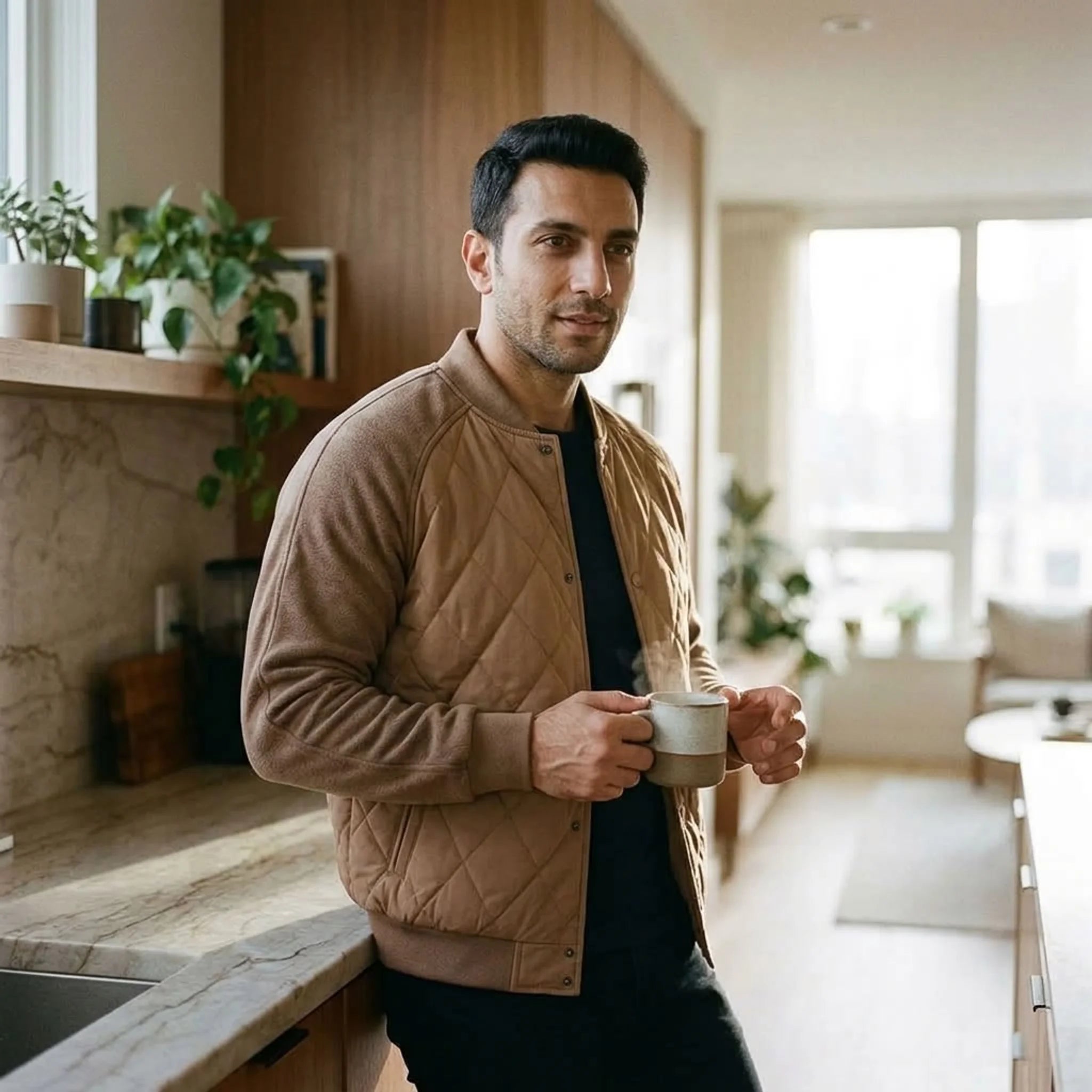 Man in camel quilted bomber jacket holding a mug by a window