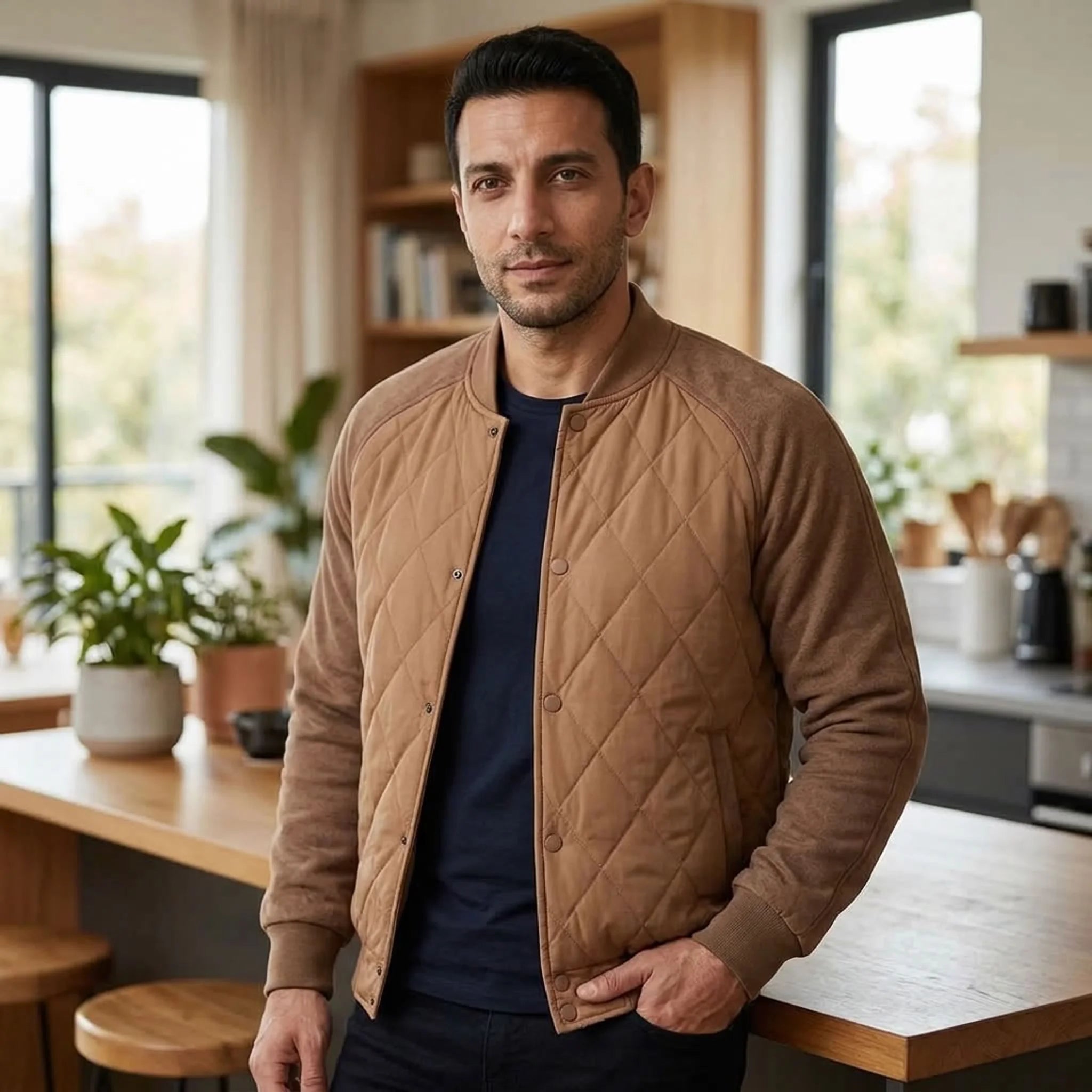 Man wearing camel quilted bomber jacket in a bright kitchen