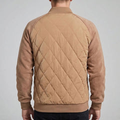 Camel quilted bomber jacket on model, back view