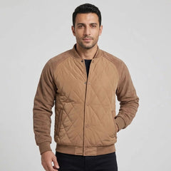 Camel quilted bomber jacket with contrast fleece sleeves, front view on model