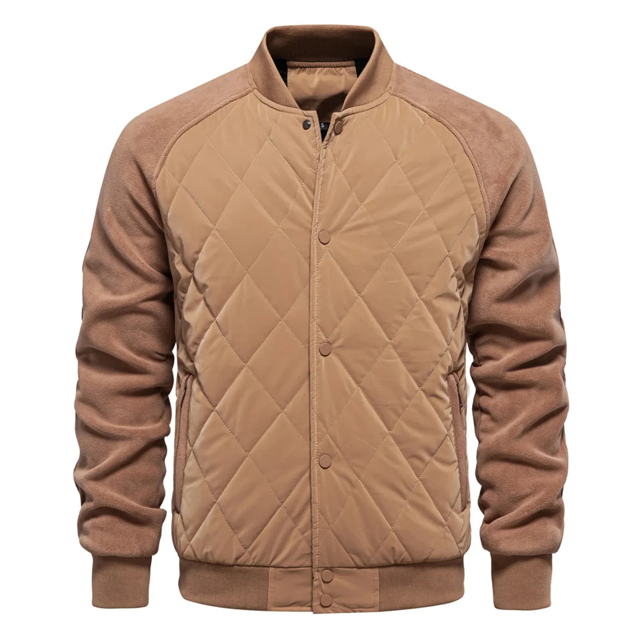 Camel quilted bomber jacket with contrast fleece raglan sleeves, product front