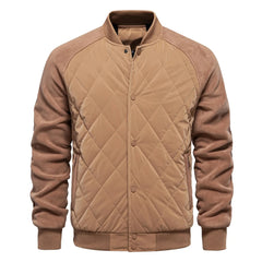 Camel quilted bomber jacket with contrast fleece raglan sleeves, product front