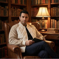 Man in cream quilted bomber jacket seated in a library armchair