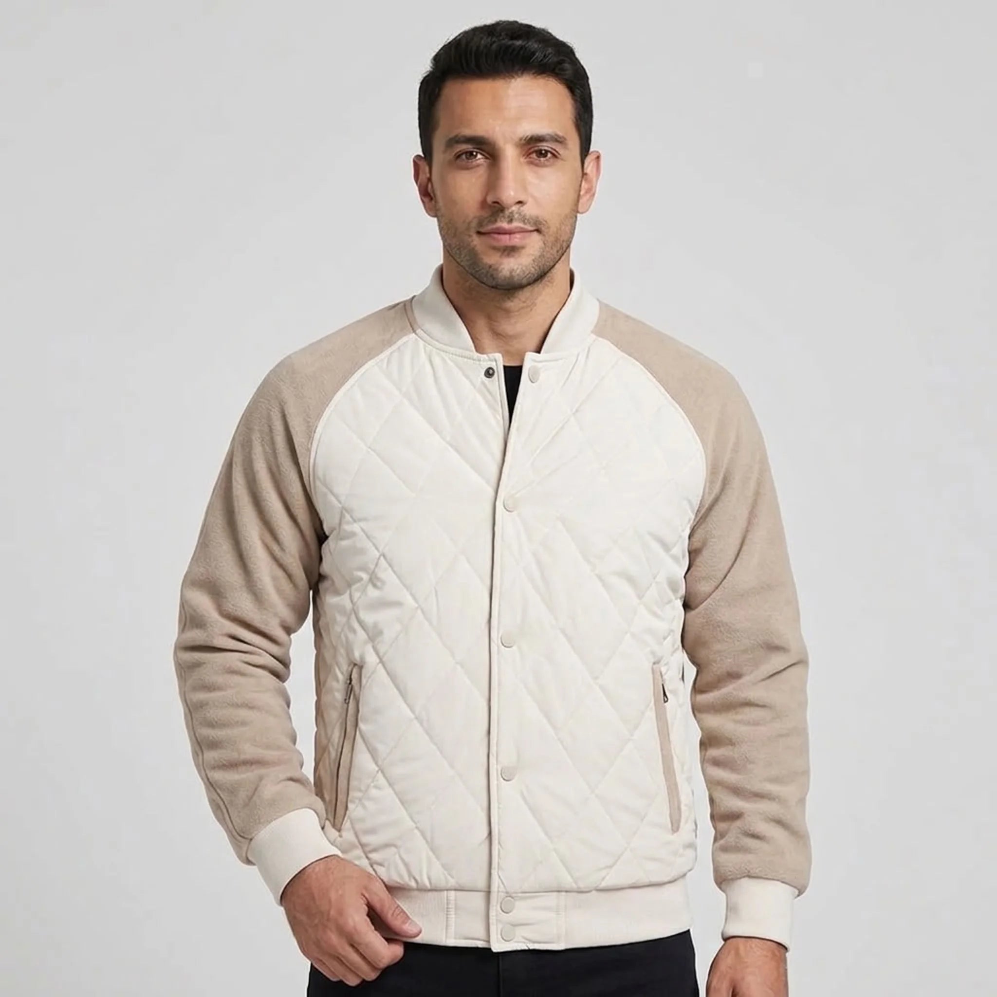 Cream quilted bomber jacket with beige fleece sleeves, front view on model