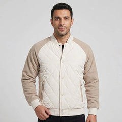 Cream quilted bomber jacket with beige fleece sleeves, front view on model