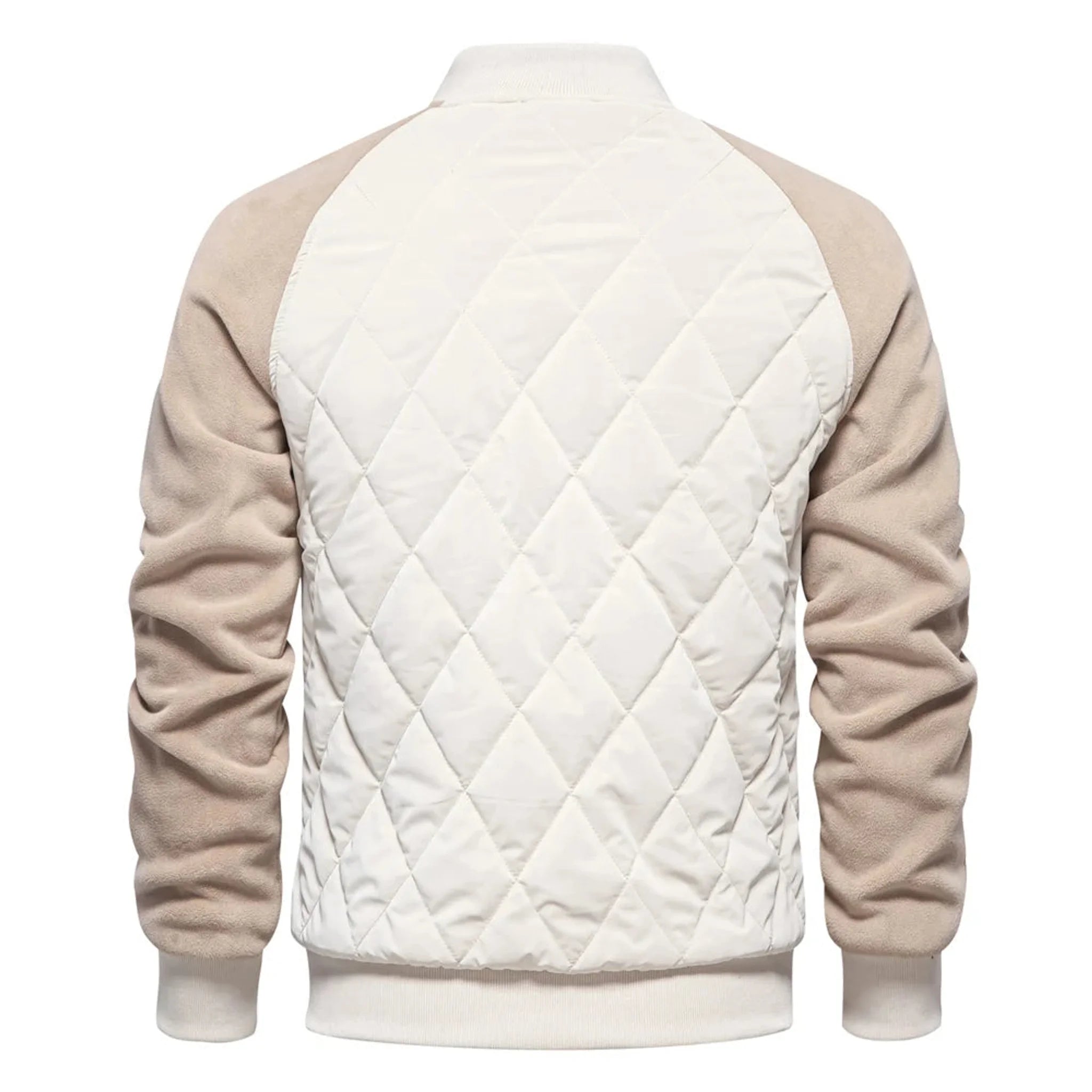 Cream two-tone quilted bomber jacket, product back view