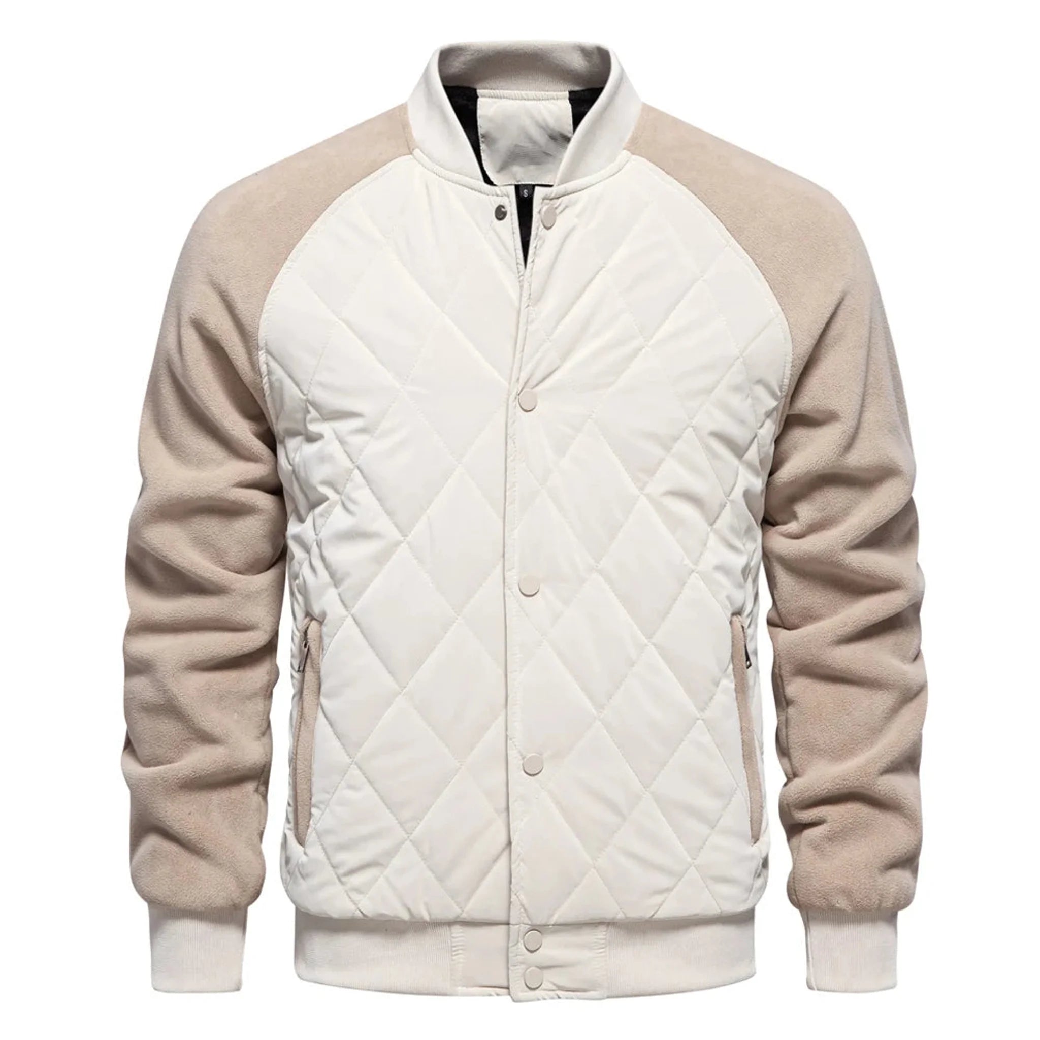 Cream two-tone quilted bomber jacket, product front