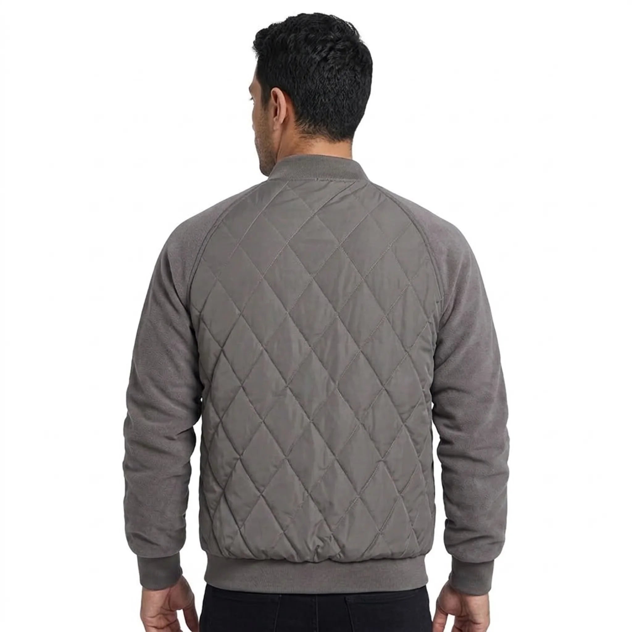Grey quilted bomber jacket on model, back view