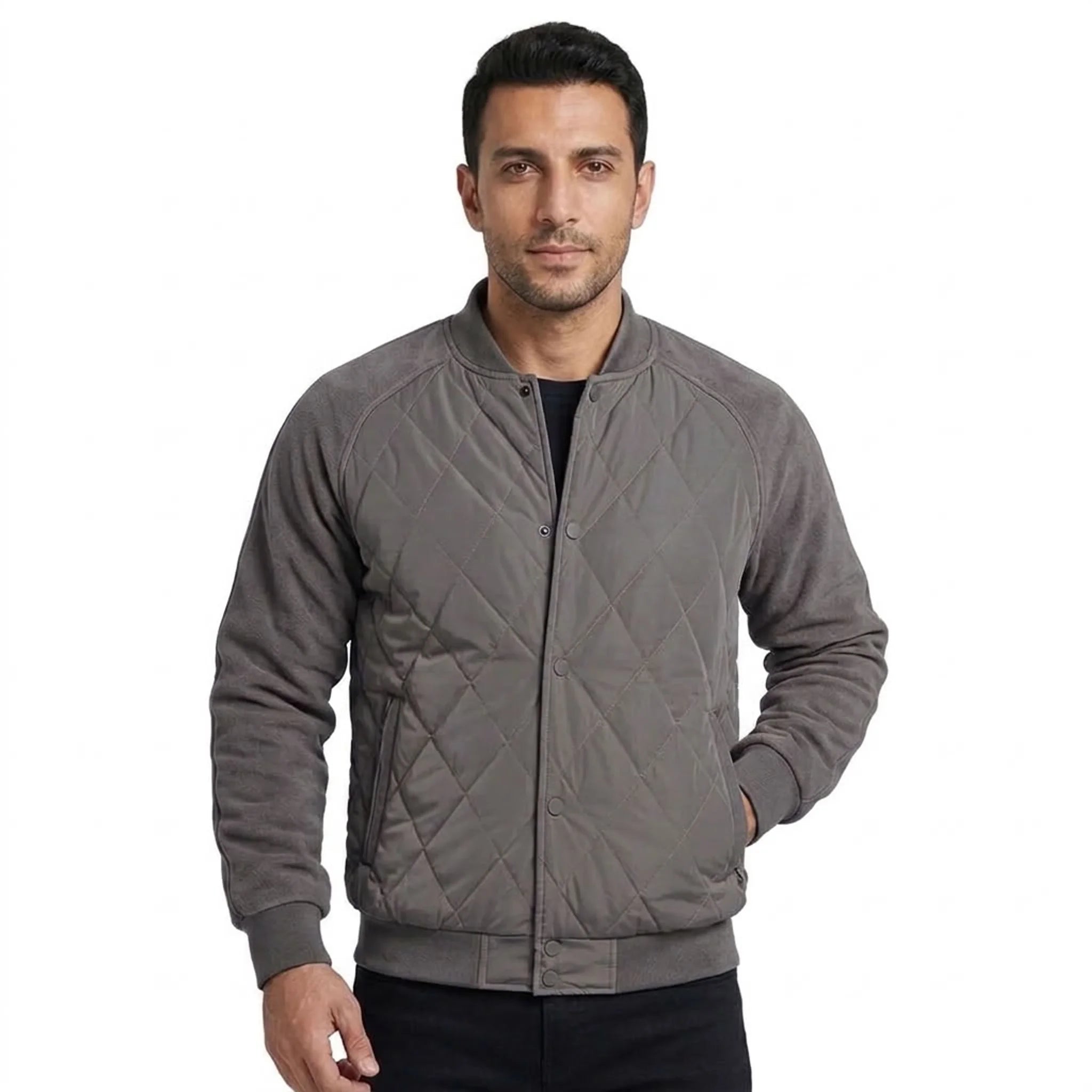 Grey quilted bomber jacket on model, front view