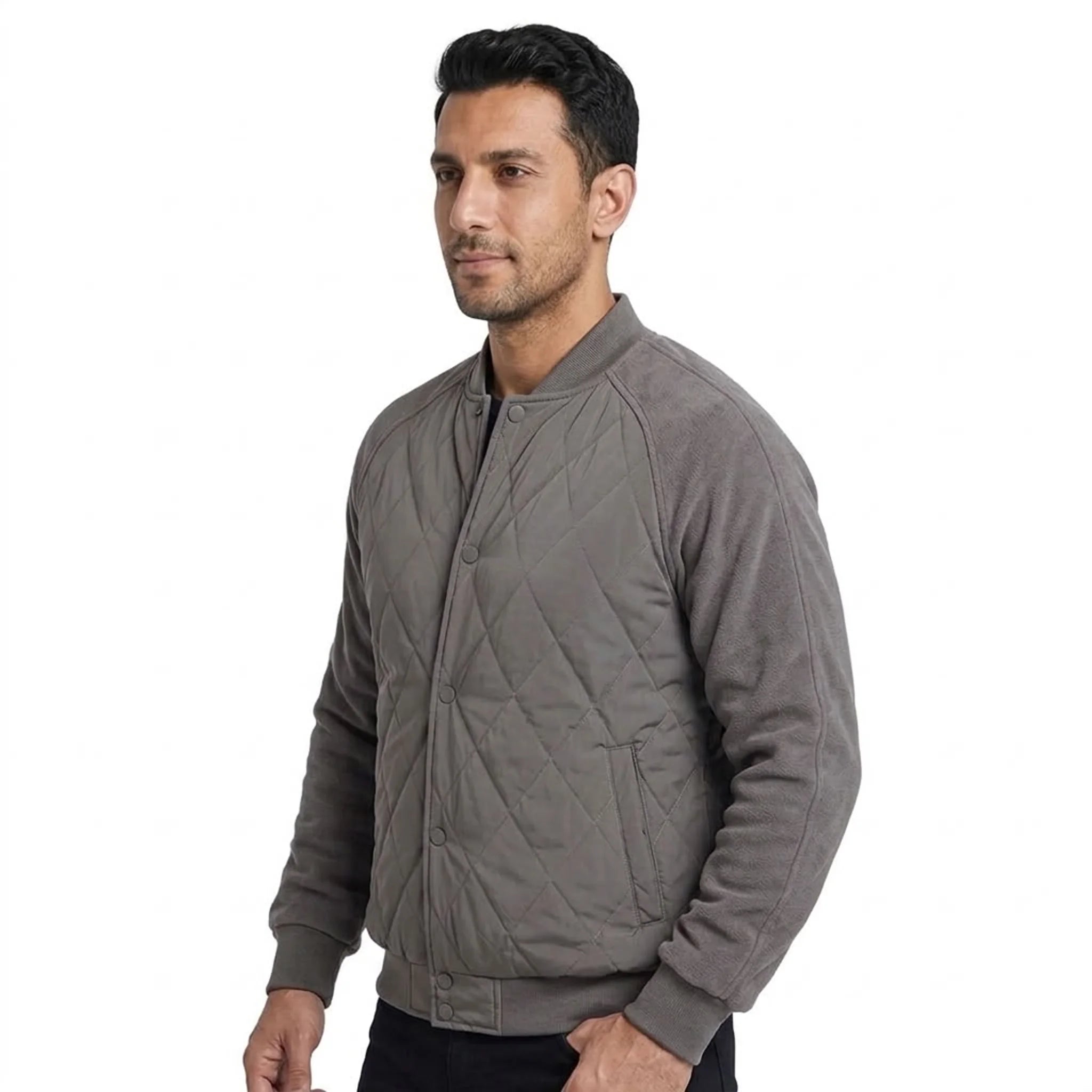 Grey quilted bomber jacket on model, side view