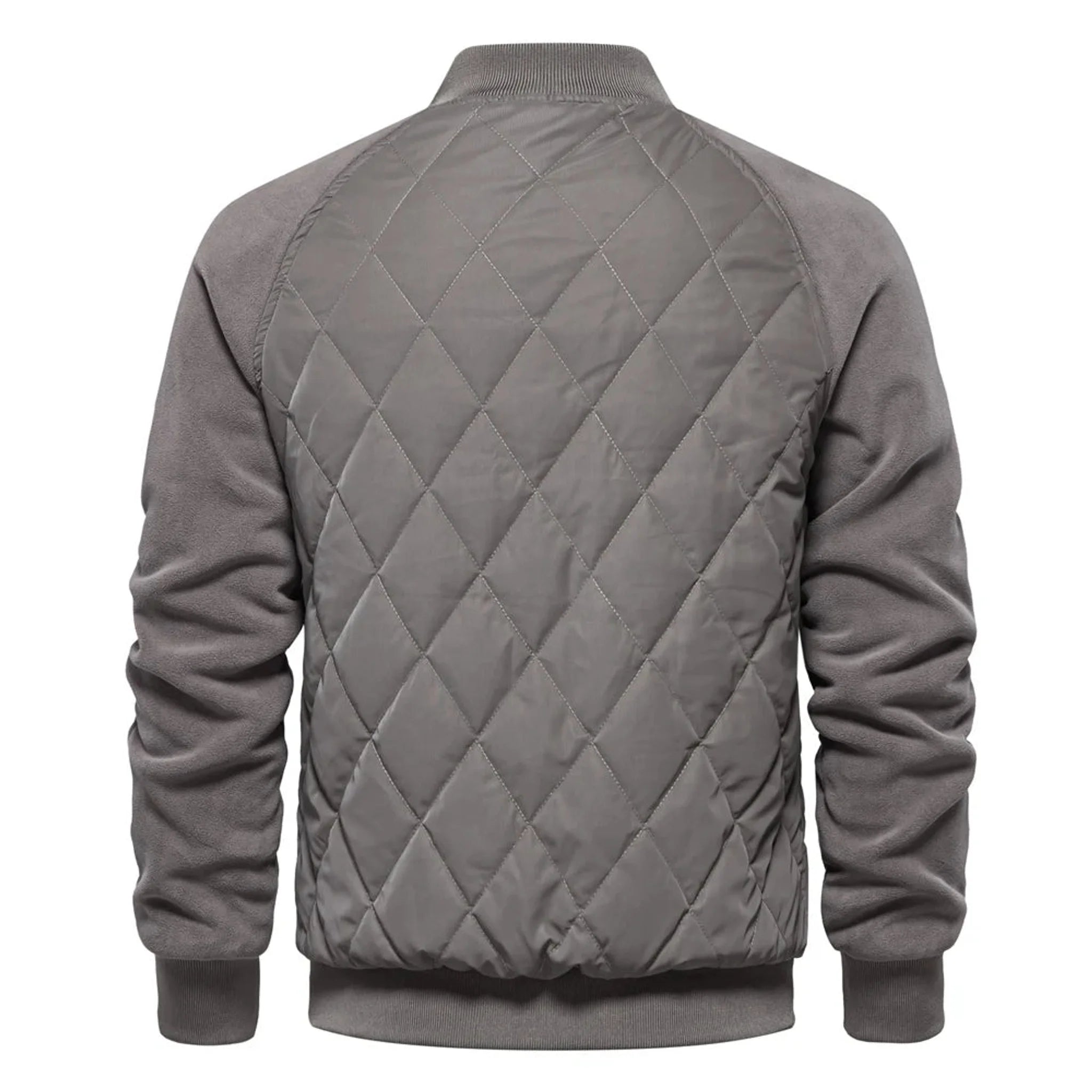 Grey quilted bomber jacket, product back view