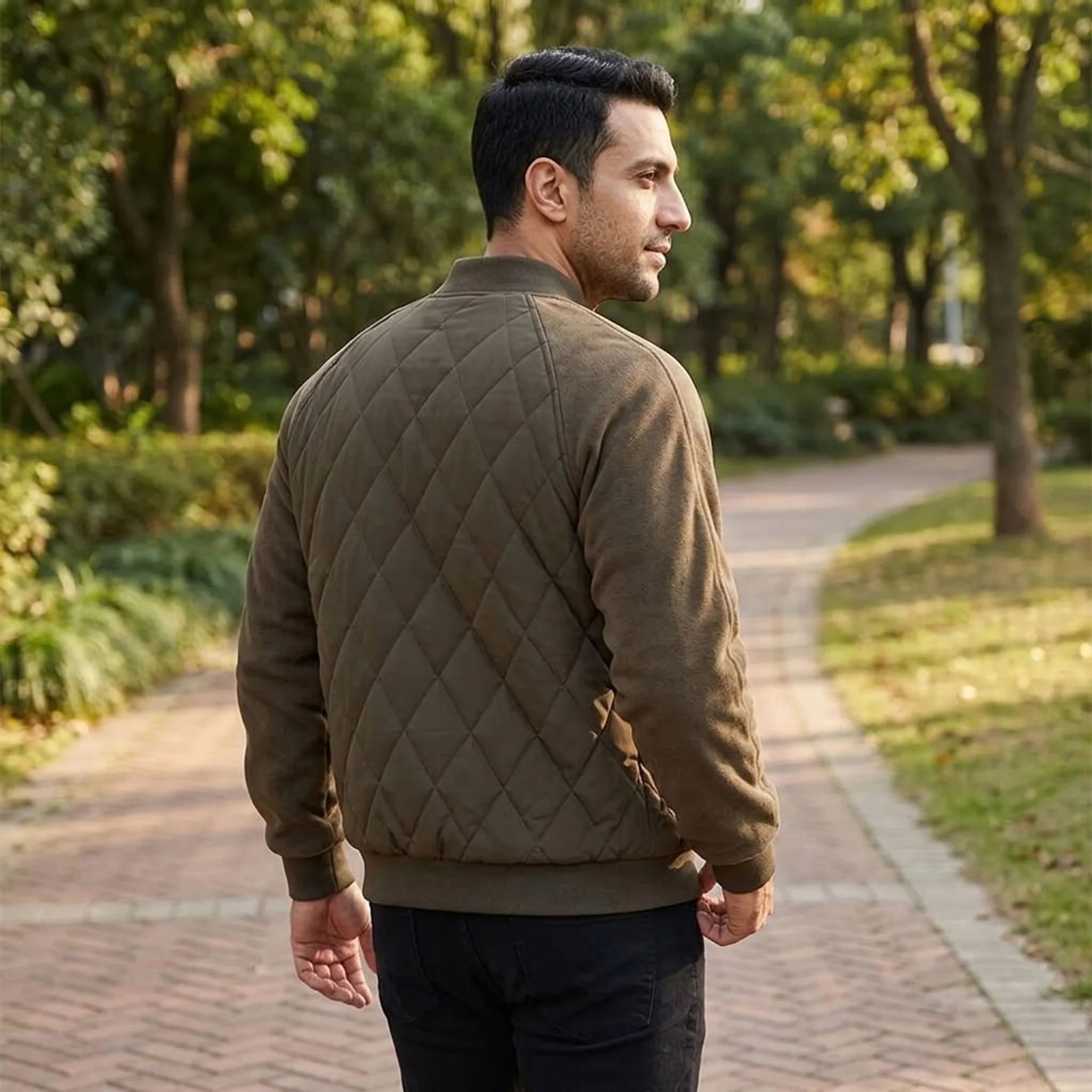 Olive quilted bomber jacket on a city street, back view
