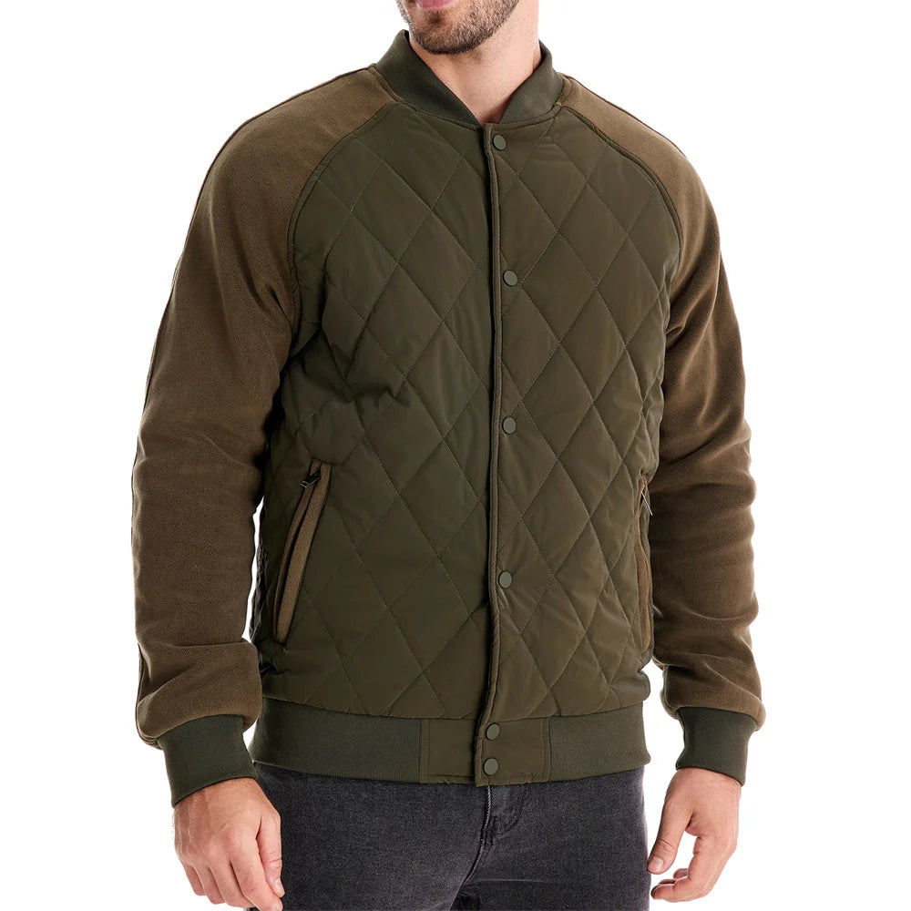 Olive quilted bomber jacket on model, close-up front view