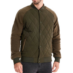 Olive quilted bomber jacket on model, close-up front view