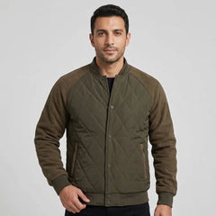 MannerCo men's olive quilted bomber jacket with baseball collar, front view on model