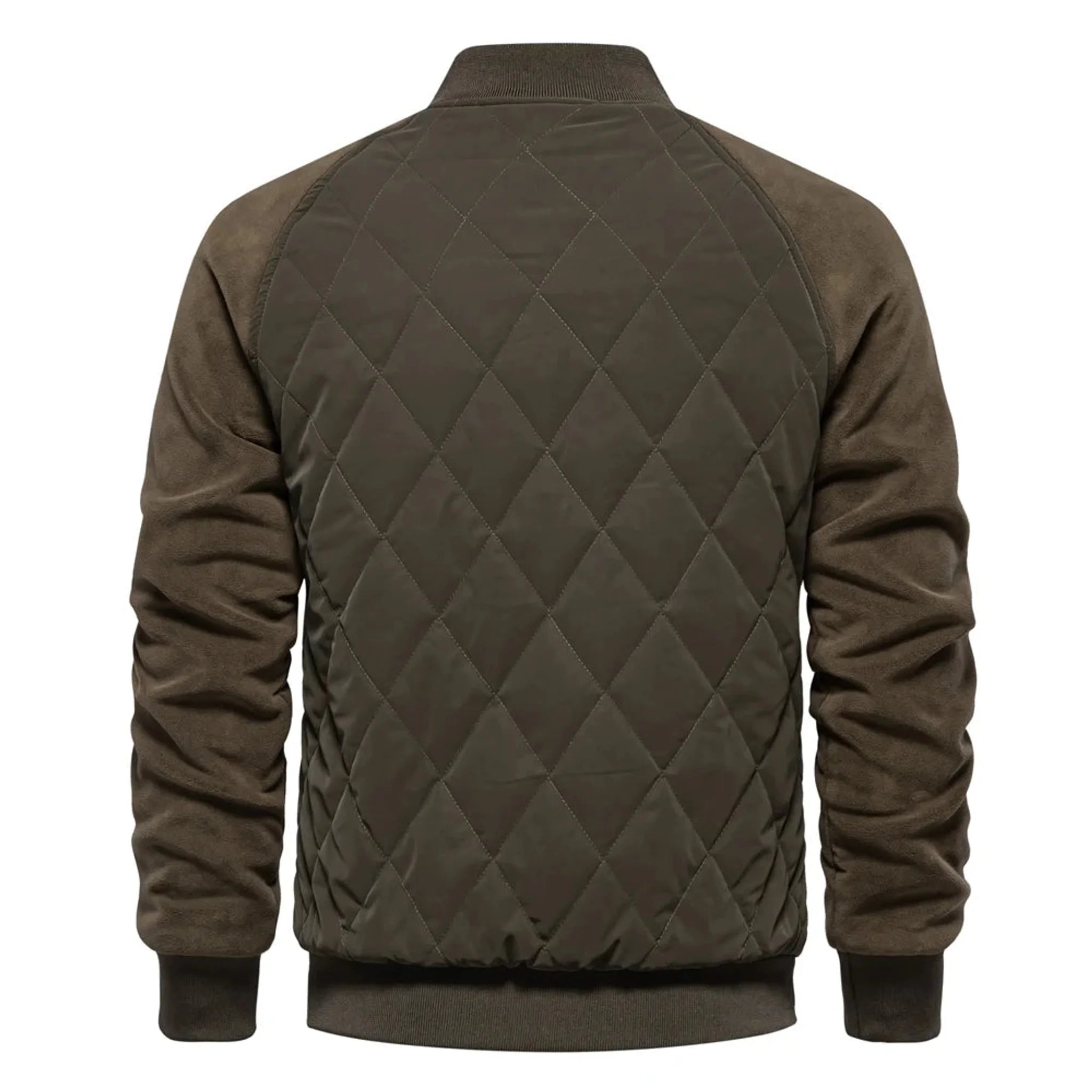 Olive quilted bomber jacket, product back view