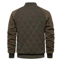 Olive quilted bomber jacket, product back view