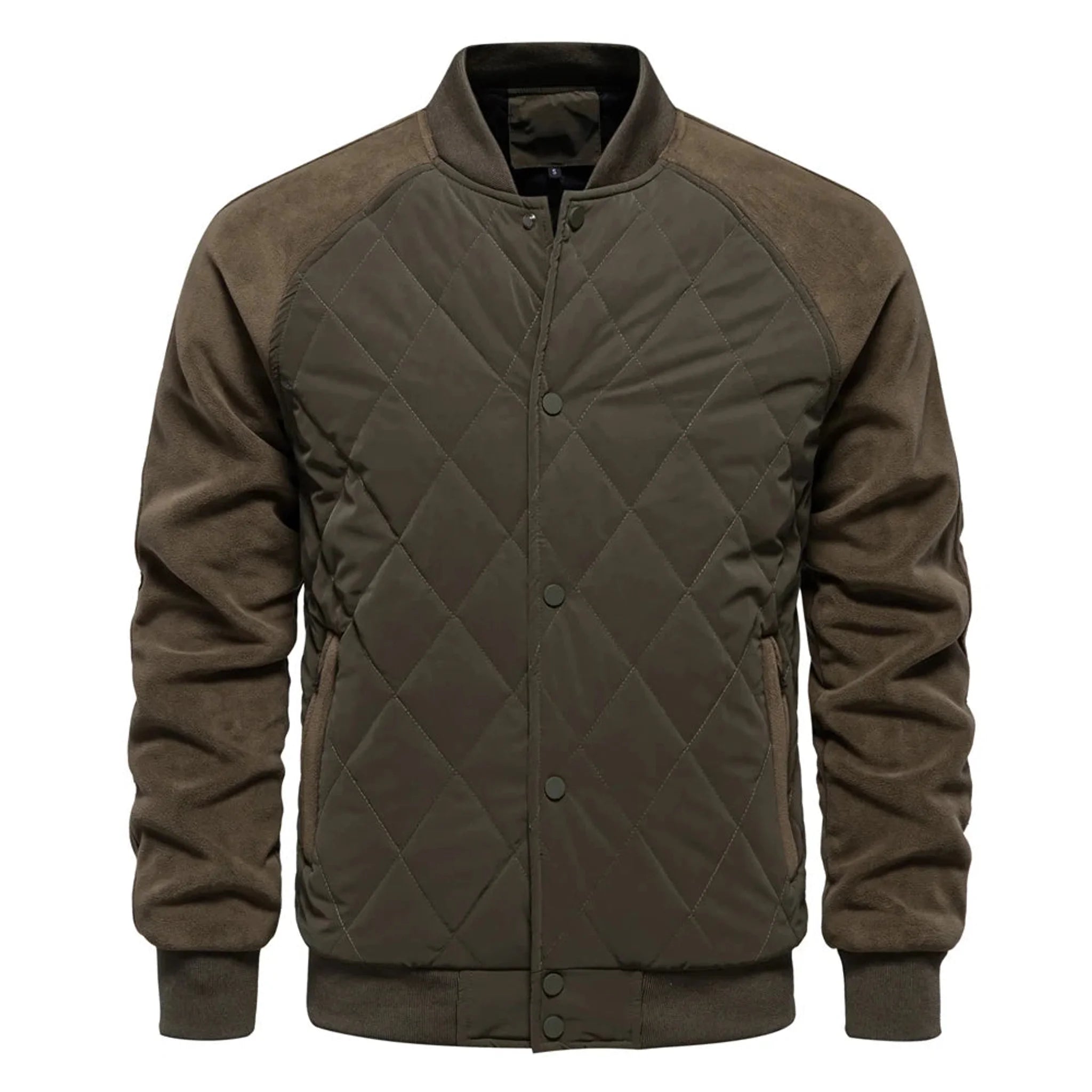 Olive diamond-quilted bomber jacket with snap front, product view