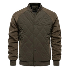 Olive diamond-quilted bomber jacket with snap front, product view