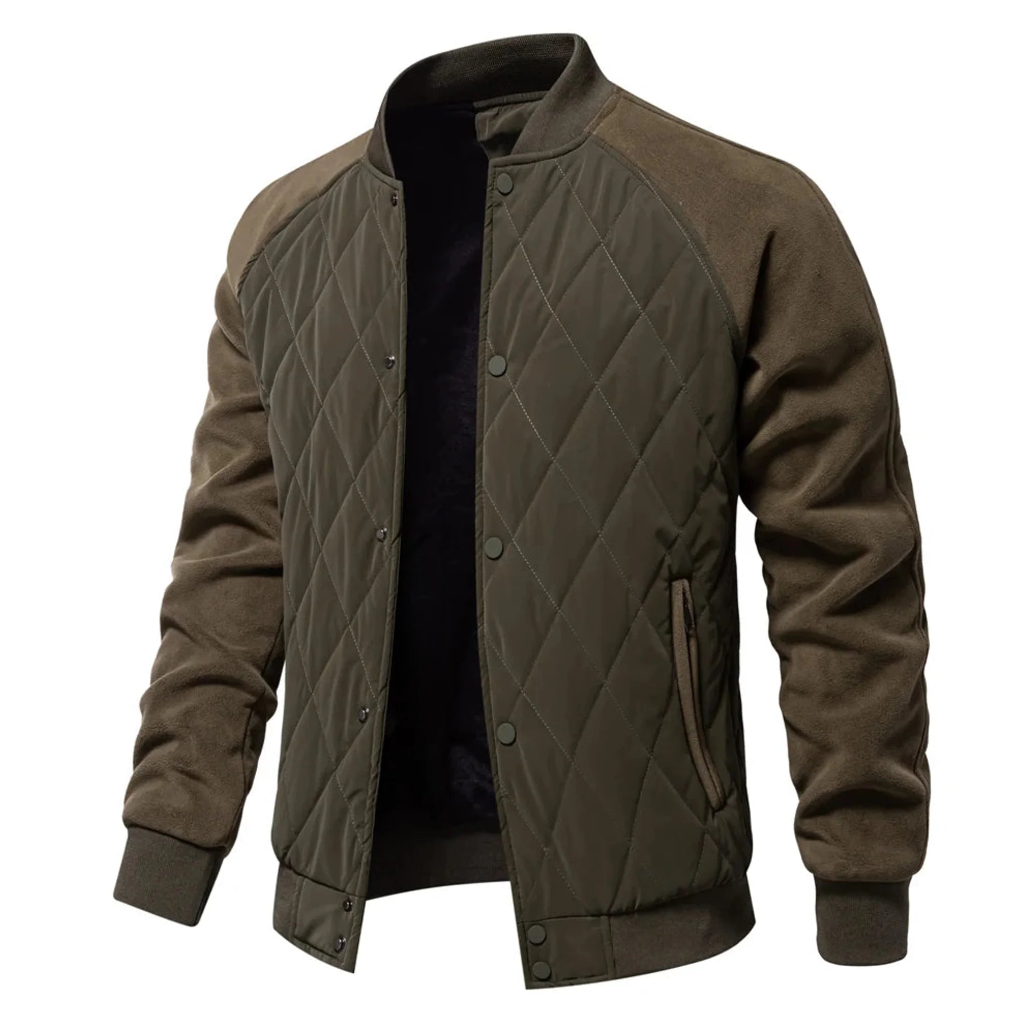 Olive quilted bomber jacket open, showing the lining
