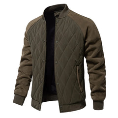 Olive quilted bomber jacket open, showing the lining