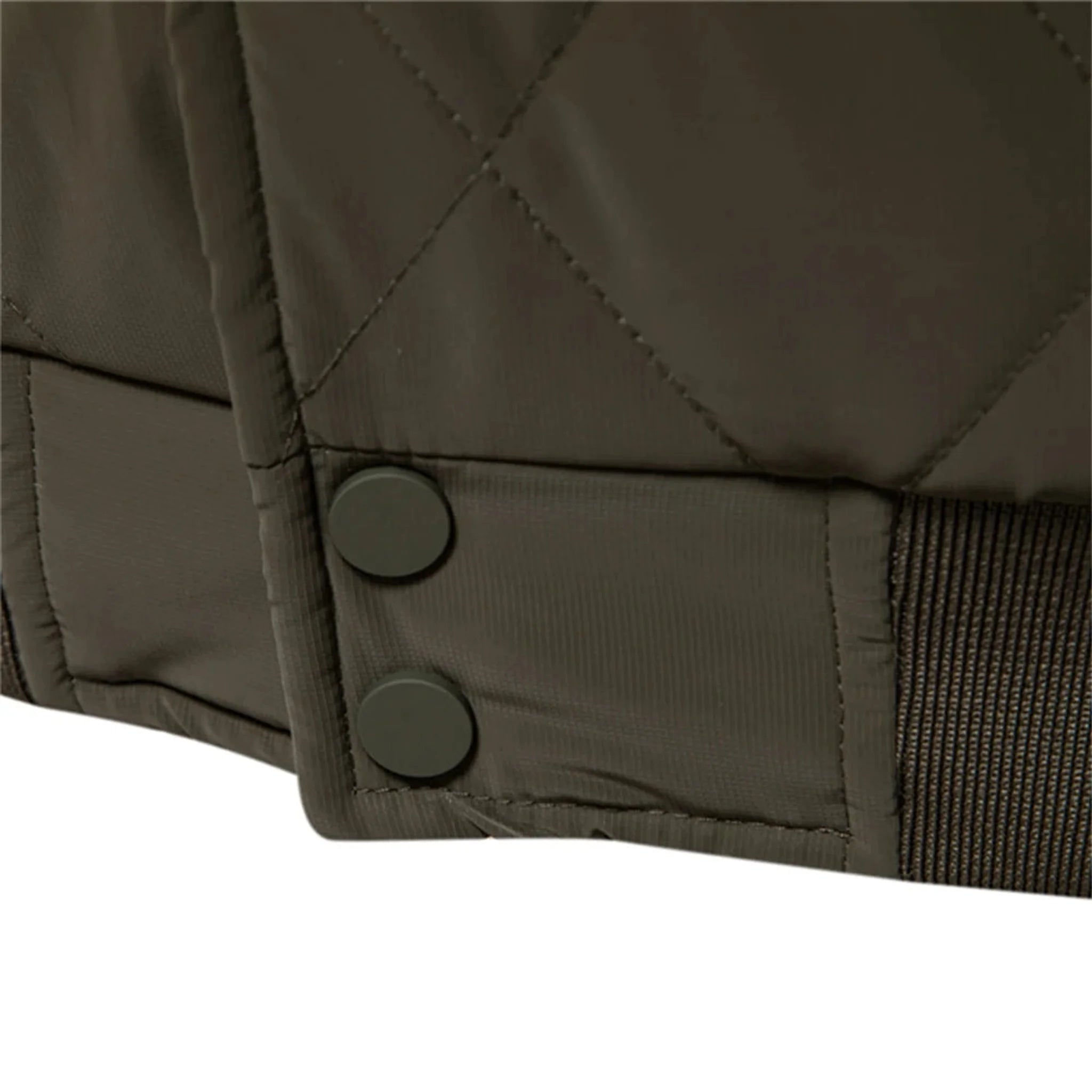 Quilted bomber jacket snap buttons and ribbed hem, close-up