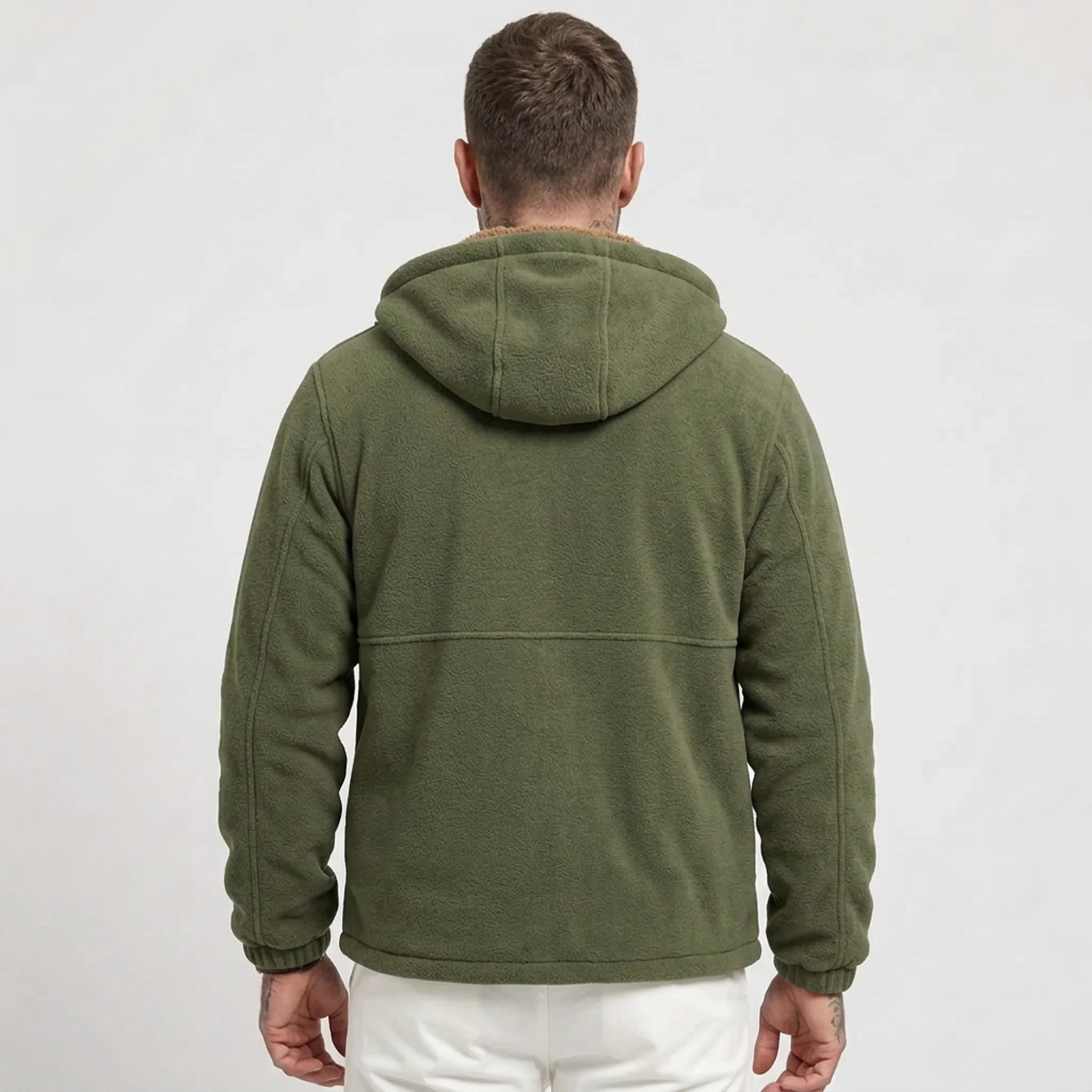Army green sherpa-lined fleece jacket on model, back view