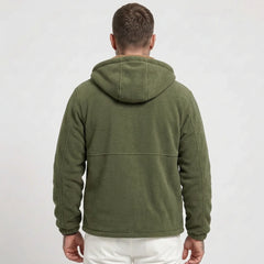 Army green sherpa-lined fleece jacket on model, back view