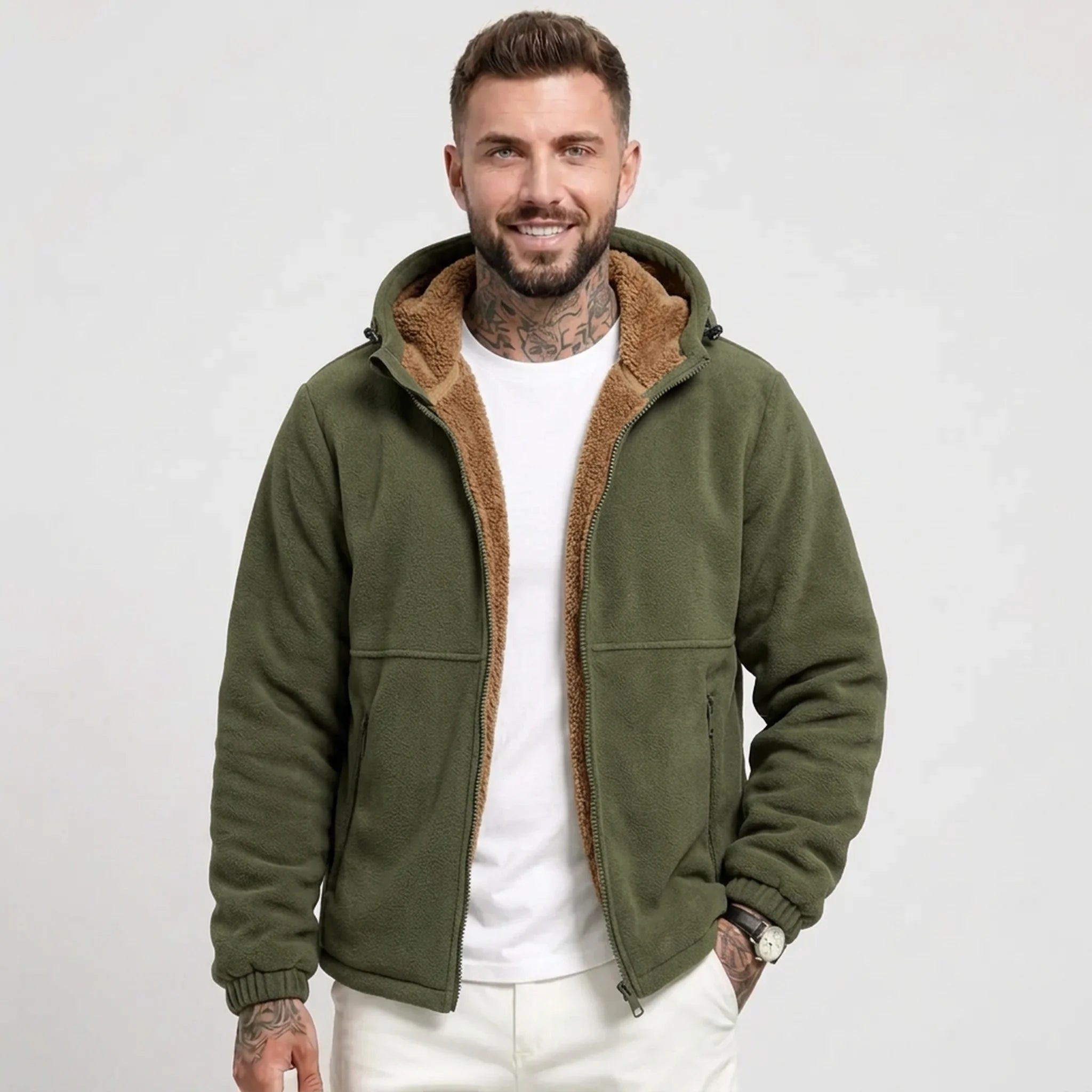Army green sherpa-lined fleece hooded jacket on model, front view