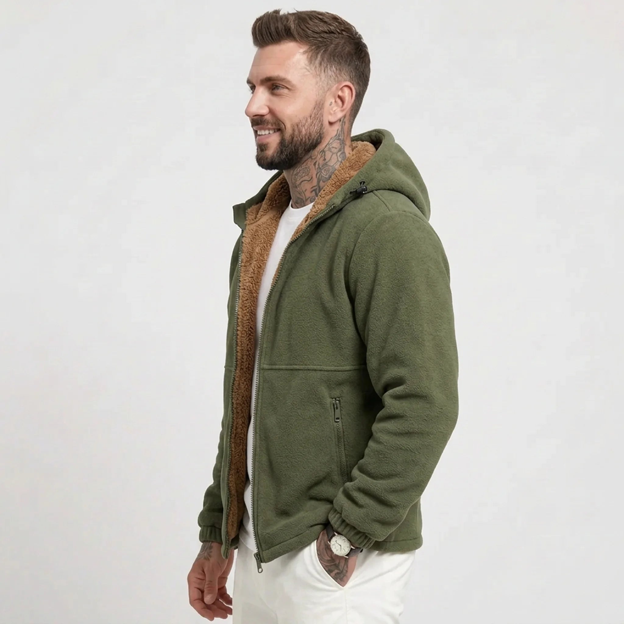 Army green sherpa-lined fleece jacket on model, side view
