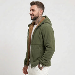 Army green sherpa-lined fleece jacket on model, side view