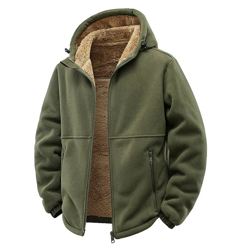 Army green full-zip fleece jacket with sherpa-lined hood