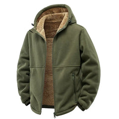 Army green full-zip fleece jacket with sherpa-lined hood