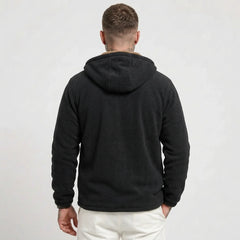 Black sherpa-lined fleece jacket on model, back view