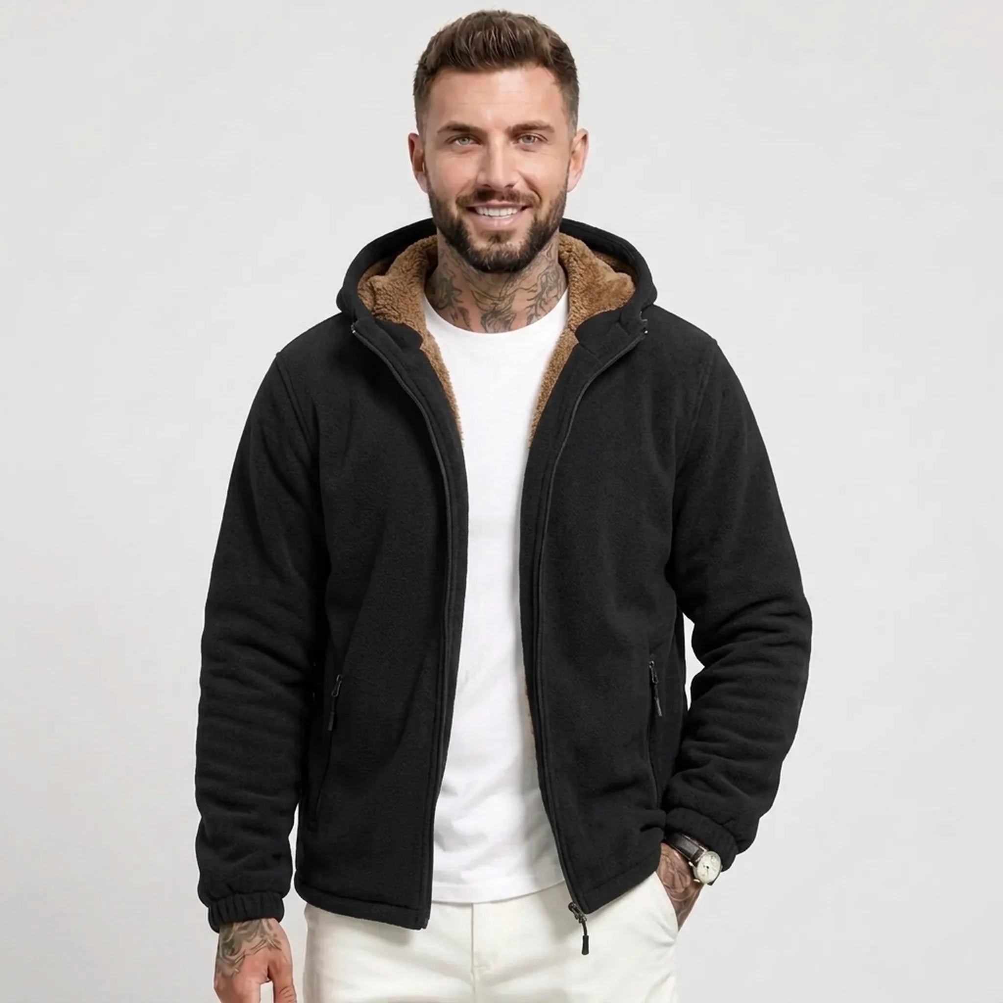 Black sherpa-lined fleece hooded jacket on model, front view