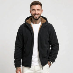 Black sherpa-lined fleece hooded jacket on model, front view