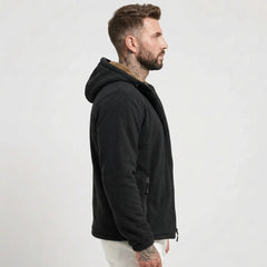 Black sherpa-lined fleece jacket on model, side view