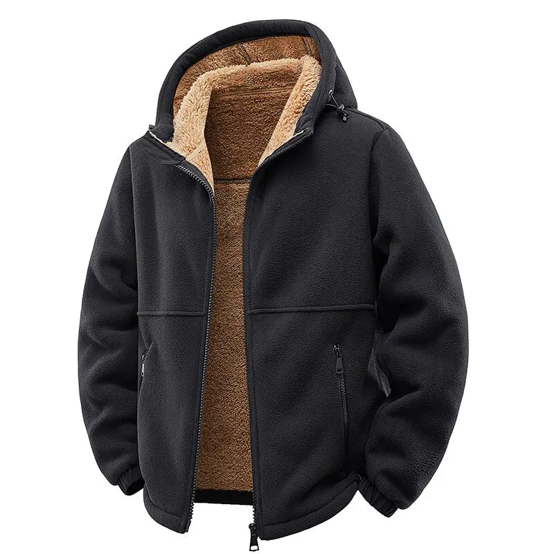 Black full-zip fleece jacket with sherpa-lined hood