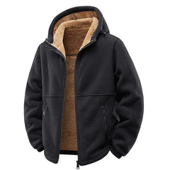 Black full-zip fleece jacket with sherpa-lined hood