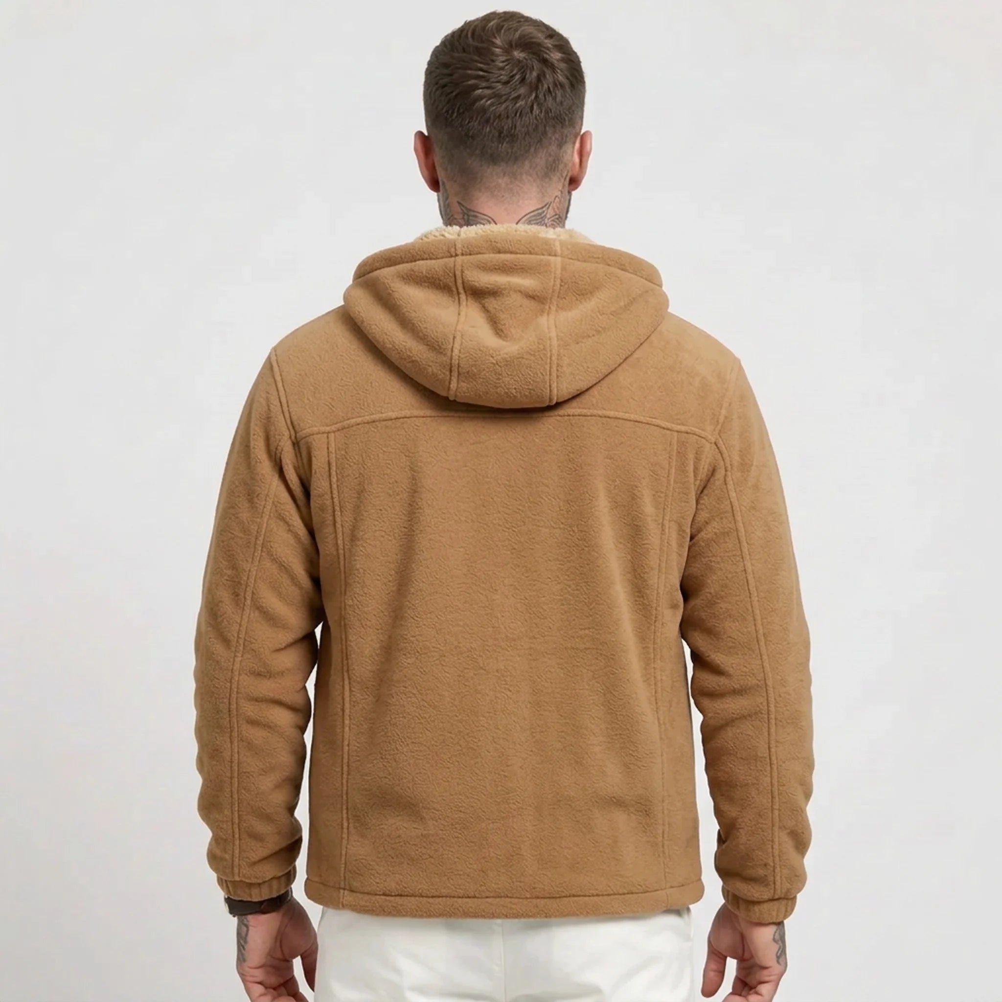 Caramel sherpa-lined fleece jacket on model, back view