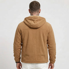 Caramel sherpa-lined fleece jacket on model, back view