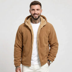 MannerCo men's caramel sherpa-lined fleece hooded jacket, front view on model