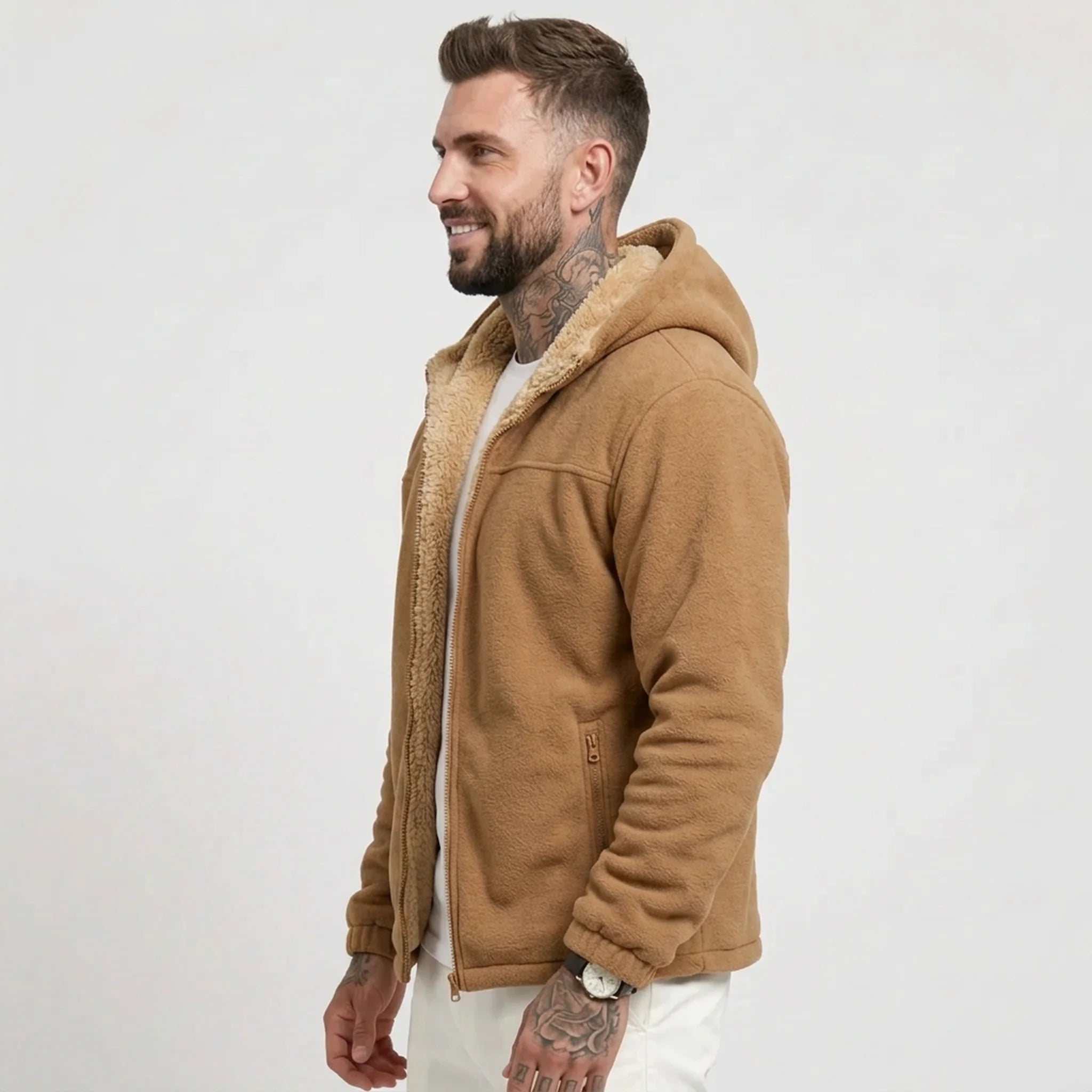 Caramel sherpa-lined fleece jacket on model, side view